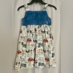 Handmade Farm Print Girls Dress Denim Bodice Size 6–7 Adjustable Straps